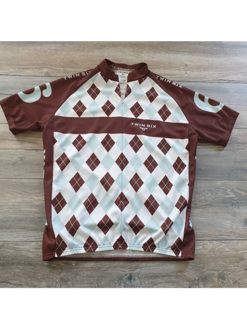 Twin Six Argyle Cycling Jersey Brown White Mens XLarge Polyester Short Sleeve